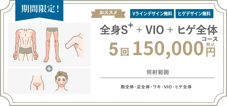 【男性】全身S+ + VIO + ヒゲ全体 5回 140,000円（税抜）