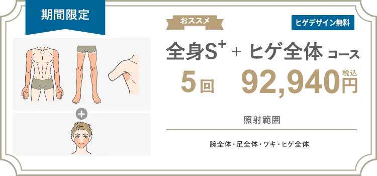 【男性】全身S+ + ヒゲ全体 5回 90,000円（税抜）
