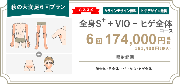 【男性】全身S+ + VIO + ヒゲ全体 6回 174,000円（税抜）