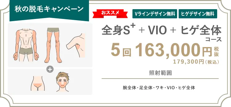 【男性】全身S+ + VIO + ヒゲ全体 5回 163,000円（税抜）