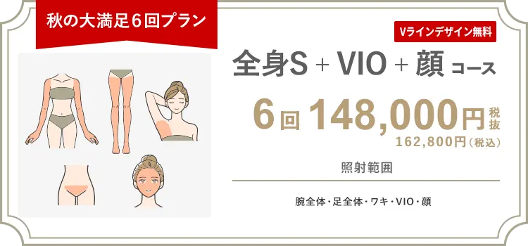 【女性】全身S + VIO + 顔 6回 148,000円（税抜）