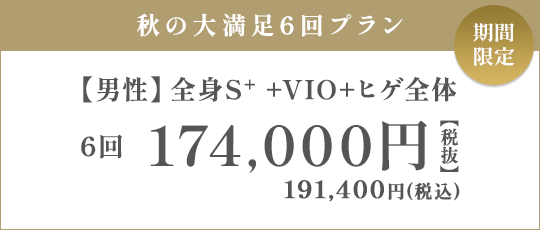 【男性】全身S+ + VIO + ヒゲ全体 6回 174,000円（税抜）