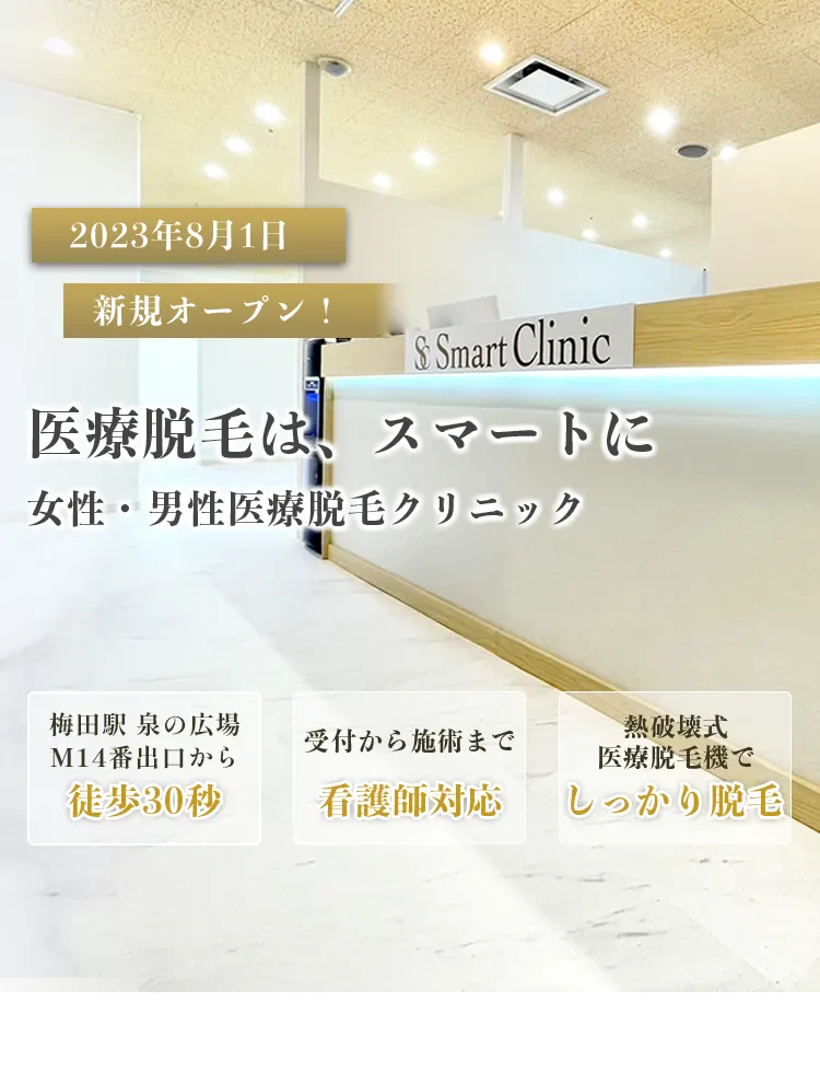 大阪の医療レーザー脱毛　スマートクリニック。御堂筋線梅田駅の14番出口から徒歩30秒プラザ梅田ビル７Fにございます。
